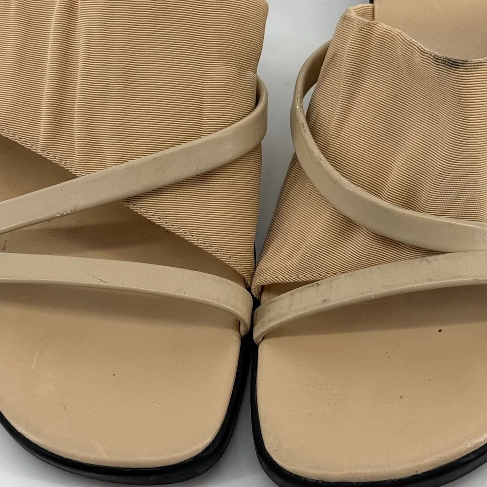 Vintage Y2K Tan Ribbed Fabric Wedge Slide On Stretch Strap Sandals Women Size 9M